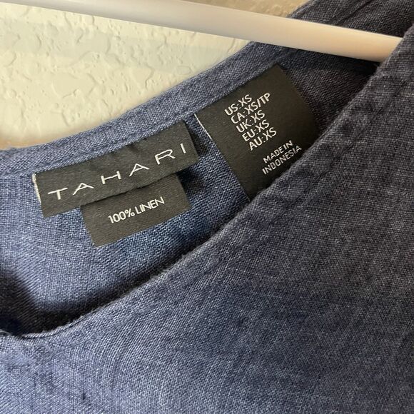 TAHARI 100% Linen Blue Sleeveless To The Knee Dress With Buttons As Accent XS - Picture 3 of 6